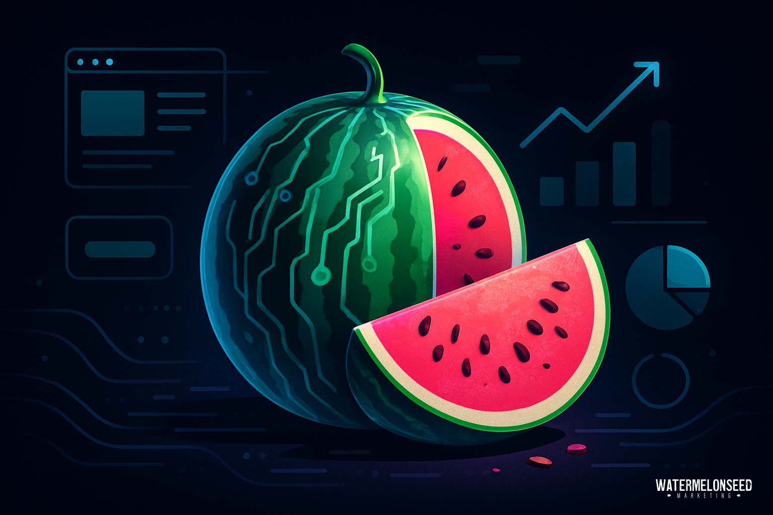 A digital illustration of a watermelon with circuit patterns, a sliced section, and data charts in the background, symbolizing technology and analytics as well as the impact of web design on conversion rates.
