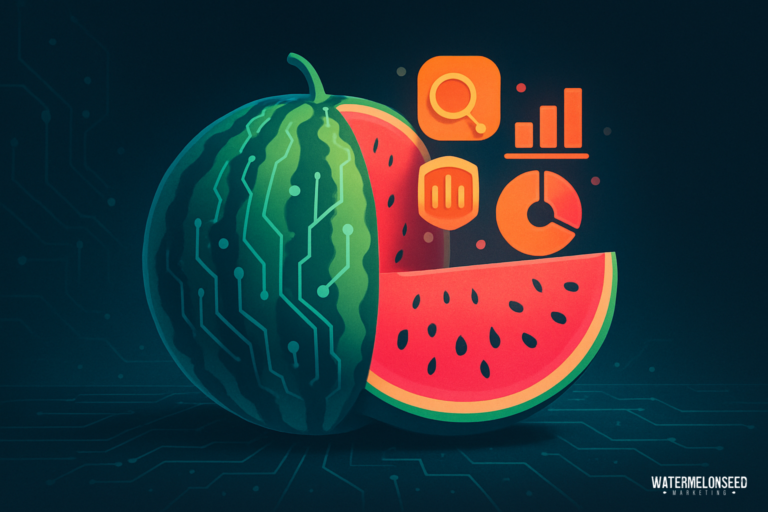 A watermelon with circuit-like patterns is shown beside digital icons for data analysis, blending fruit imagery with technology and data concepts to illustrate innovative content marketing for law firms.