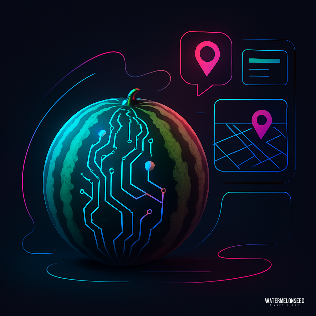 A watermelon with circuit patterns is shown beside digital map icons, illustrating a concept of smart technology integration with agriculture—similar to how dental service area pages connect patients to advanced care in specific locations.
