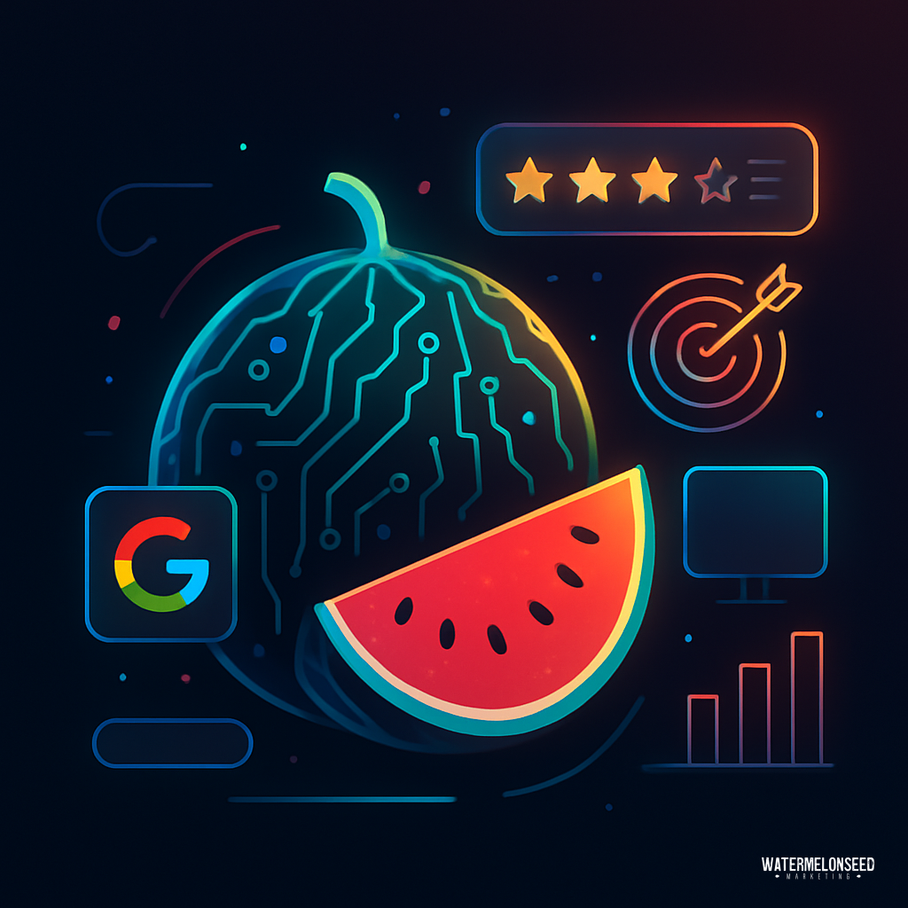 A digital illustration of a watermelon with circuitry, surrounded by icons for Google, a target, bar chart, and star ratings—representing technology and analytics as well as the importance of responding to Google reviews.