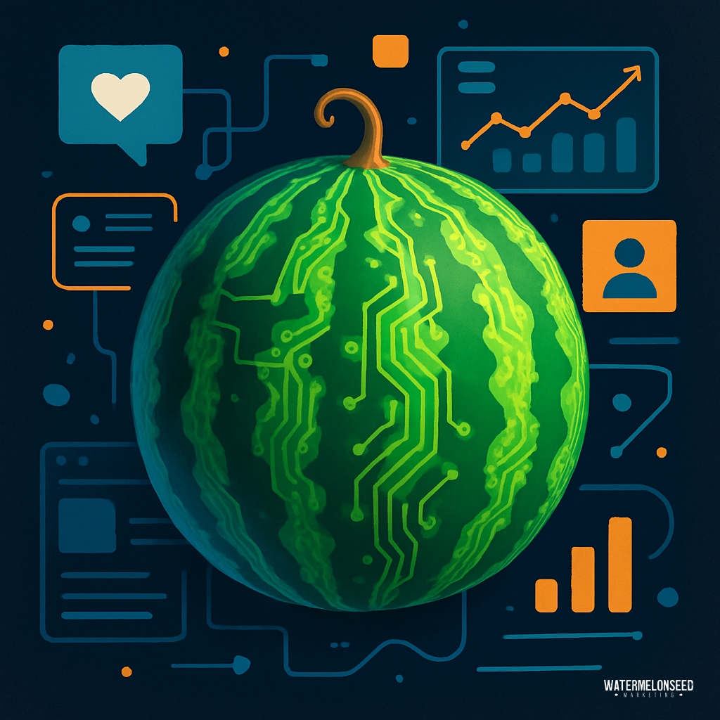A watermelon with a circuit board pattern is surrounded by digital icons, graphs, and user profiles on a dark background, illustrating the benefits of building a strong brand reputation in the digital age.