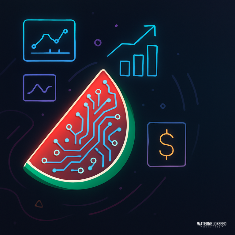 A neon watermelon slice with circuit patterns is surrounded by graphs and a dollar sign, symbolizing technology, dental marketing ROI, and financial growth.