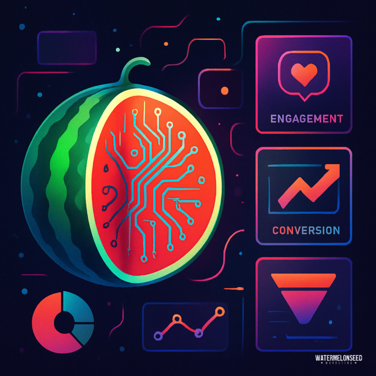 A digital illustration of a watermelon with circuit patterns, next to icons representing engagement, conversion, growth charts, and data analysis—visually capturing the essence of tracking SEO success.