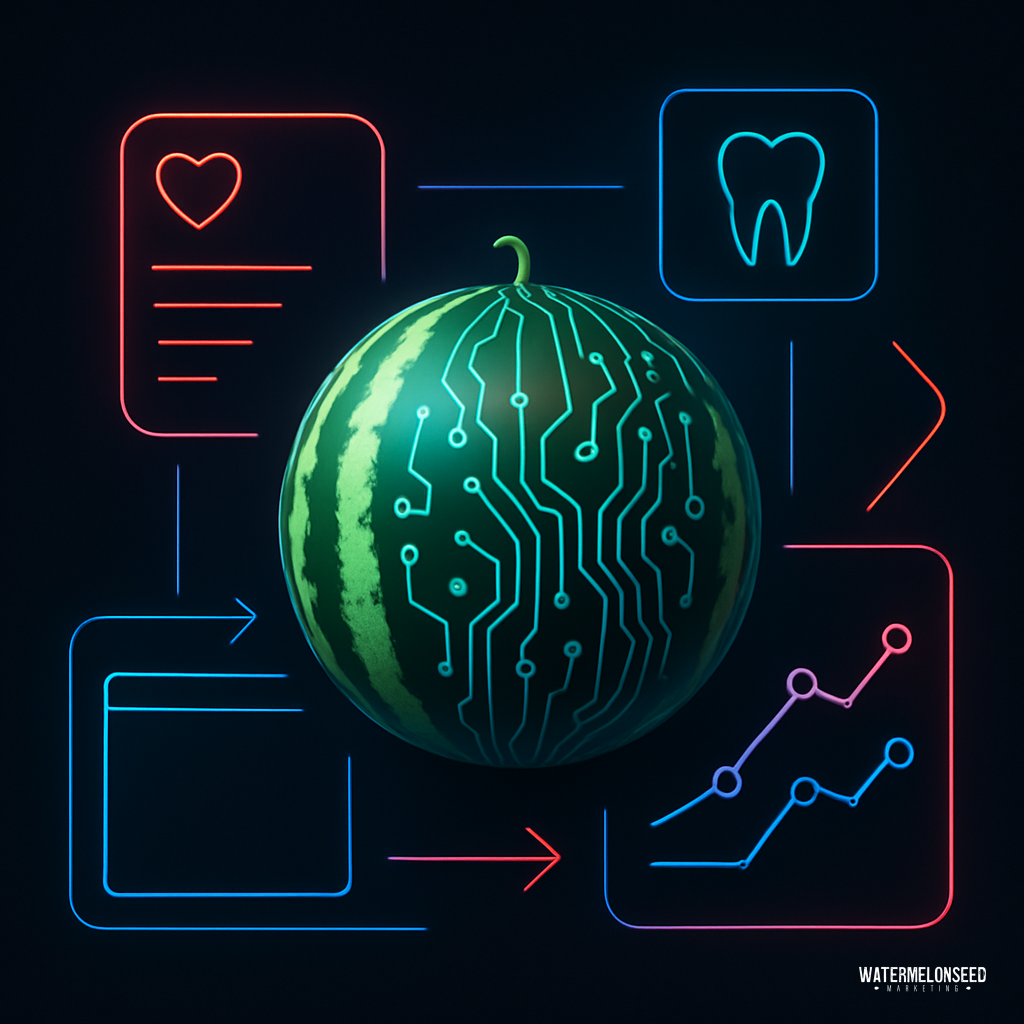 A watermelon with circuitry patterns is at the center, surrounded by neon icons representing health, dental care, data charts, and documents on a dark background—symbolizing the innovative fusion of patient journey marketing with modern healthcare technology.