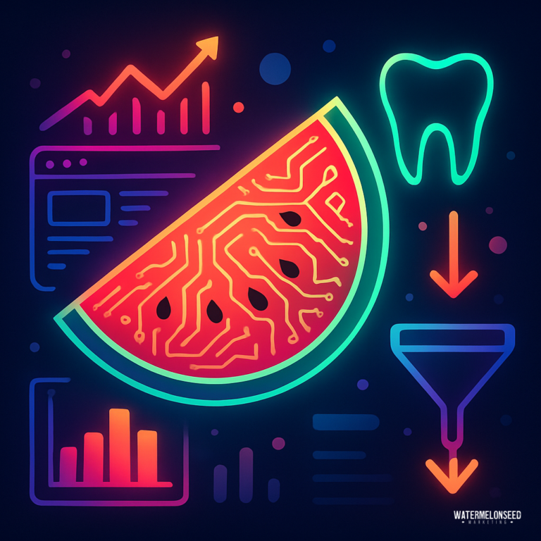A neon digital illustration of a watermelon slice with circuit patterns, charts, a tooth icon, arrows, and a funnel, creatively suggesting tech and data concepts like website traffic vs business growth.