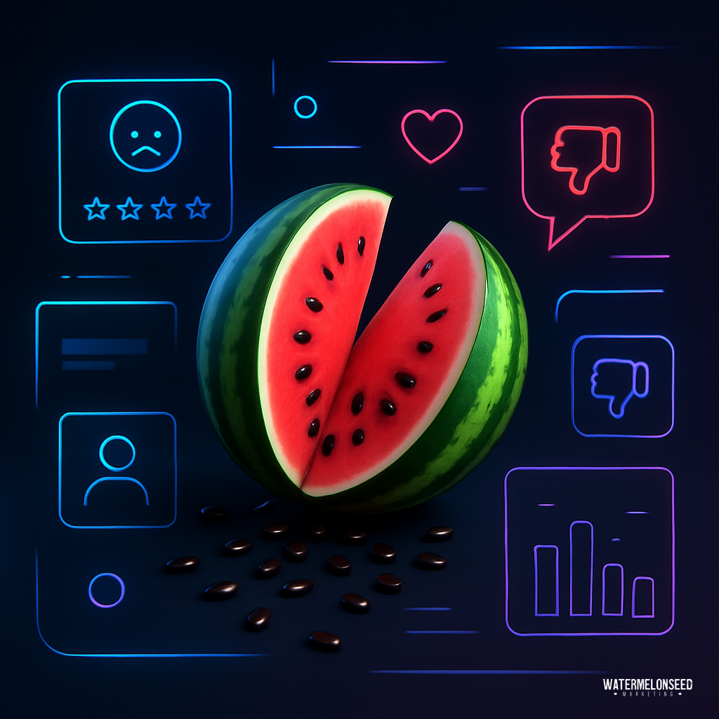 A sliced watermelon with seeds is surrounded by digital icons of thumbs down, sad faces, and low ratings, implying negative feedback—much like negative dental reviews accumulating online.