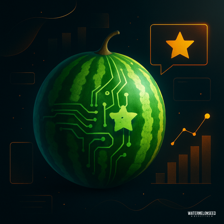 A watermelon with circuit-like patterns and a star, surrounded by digital data icons, charts, and graphs on a dark background, evokes the analytical process behind Google reviews for dentists.