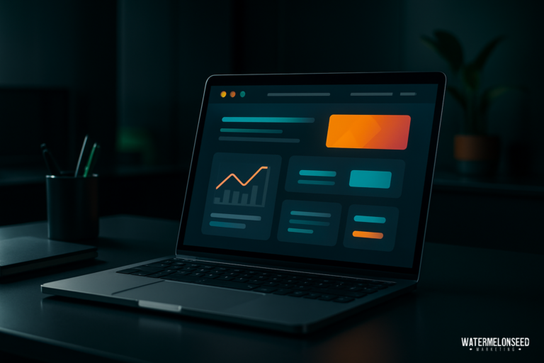 A laptop on a dark desk displays a data dashboard with charts and graphs in a dimly lit room, highlighting the impact of web design on conversion rates through detailed analytics.