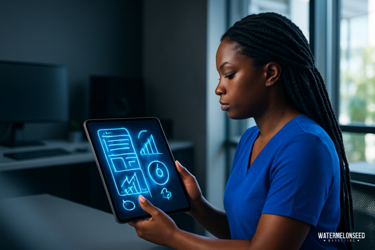A woman in blue scrubs holds a tablet displaying digital charts and graphs in a modern office setting, illustrating the impact of web design on conversion rates.