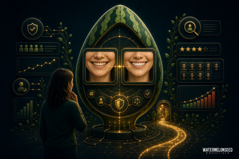 A woman observes a large watermelon-shaped screen displaying before and after dental photos with two smiling faces, while data charts and analysis graphics surround the scene.