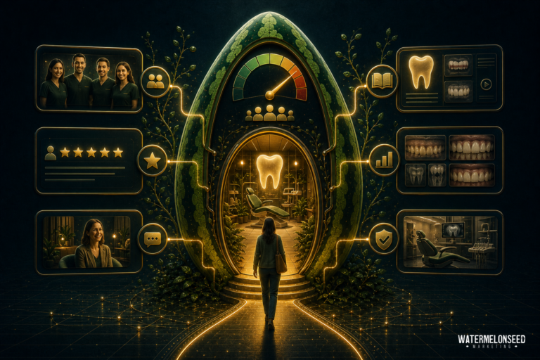A person approaches a glowing dental-themed portal, surrounded by icons representing dental care, reviews, education, x-rays, and a dentist-patient consultation—all elements designed to build patient trust at every step of the dental journey.