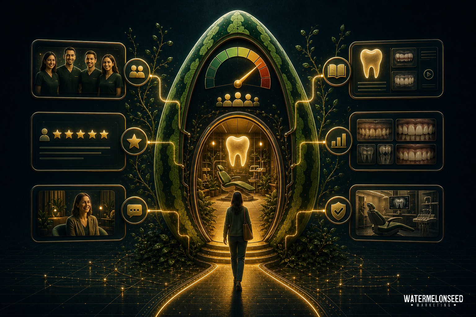 A person approaches a glowing dental-themed portal, surrounded by icons representing dental care, reviews, education, x-rays, and a dentist-patient consultation—all elements designed to build patient trust at every step of the dental journey.