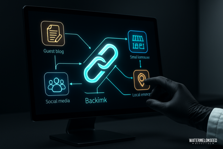 A gloved hand points to a computer screen displaying a backlink diagram linking guest blogs, social media, small businesses, and local engines—a clear illustration of the best SEO practices for small businesses.