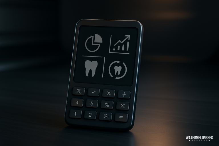 A calculator with dental icons and graphs on its display sits on a dark surface, suggesting the need to calculate dental marketing ROI or perform detailed financial analysis for dental practices.