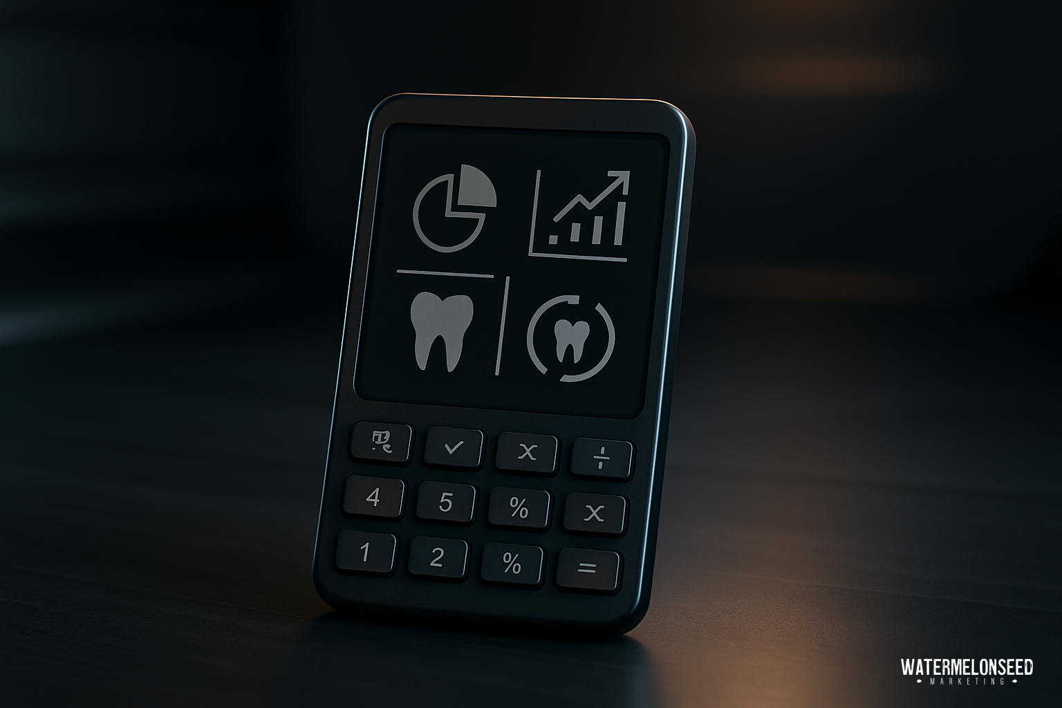 A calculator with dental icons and graphs on its display sits on a dark surface, suggesting the need to calculate dental marketing ROI or perform detailed financial analysis for dental practices.