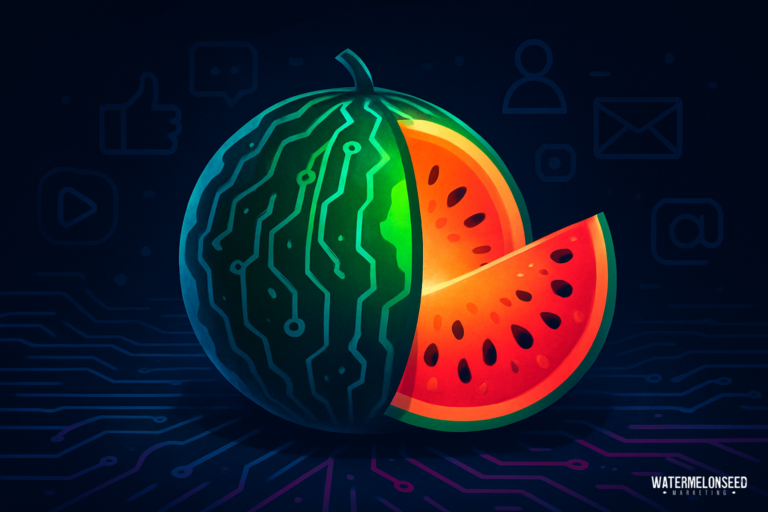A digitally illustrated watermelon with circuit-like patterns on its rind and a slice cut out, set against a dark background with faint tech, call tracking, and social media icons.