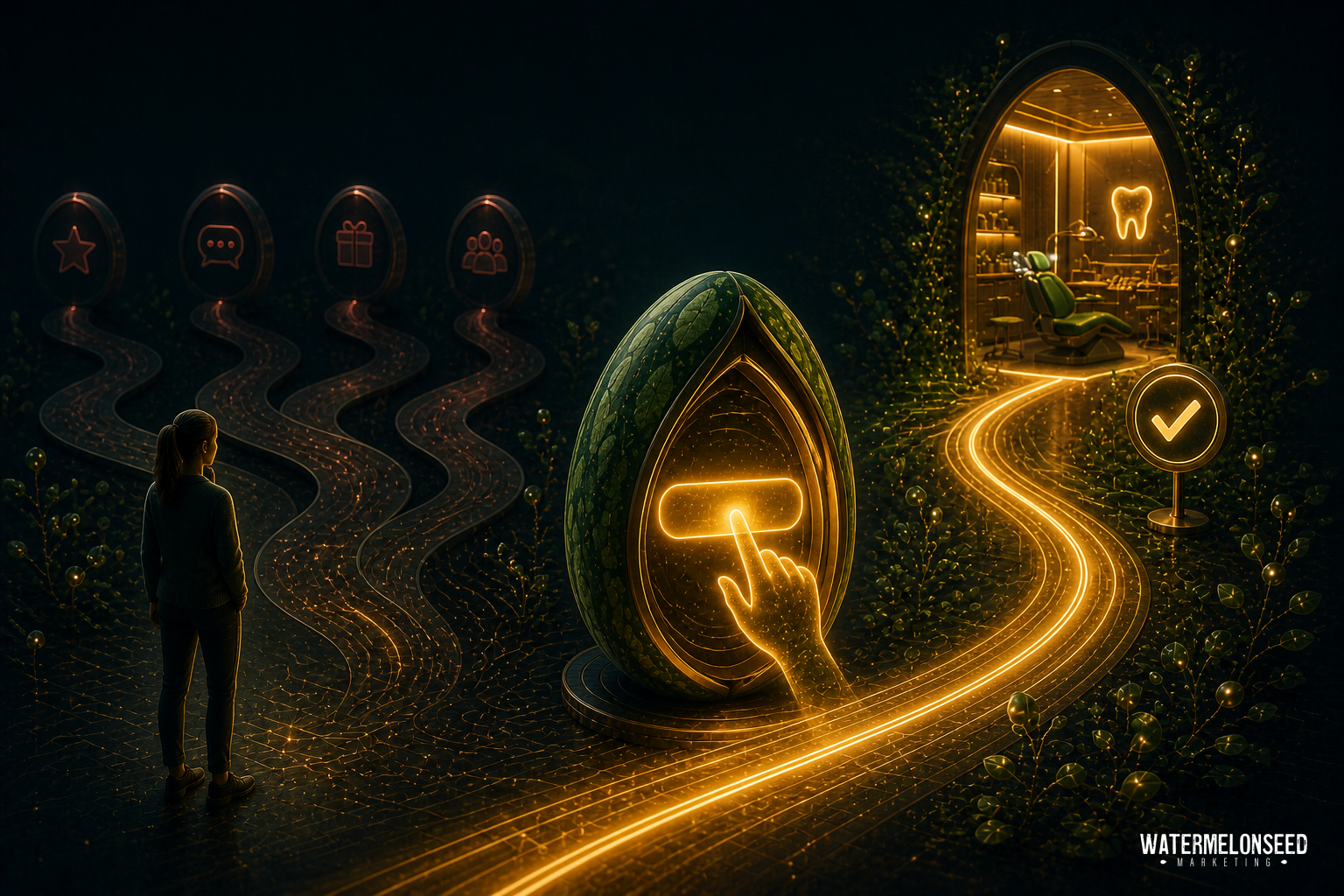 A person stands before a glowing seed-shaped portal leading to a dental office, with illuminated calls to action and paths represented by icons, highlighting choices along the way.