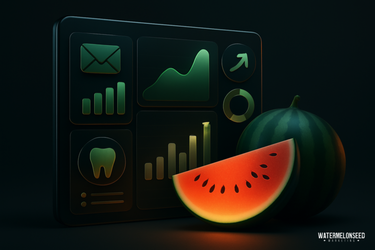 A watermelon and a watermelon slice are in front of a dark digital dashboard displaying various business and data icons, illustrating the concept of closed loop marketing.