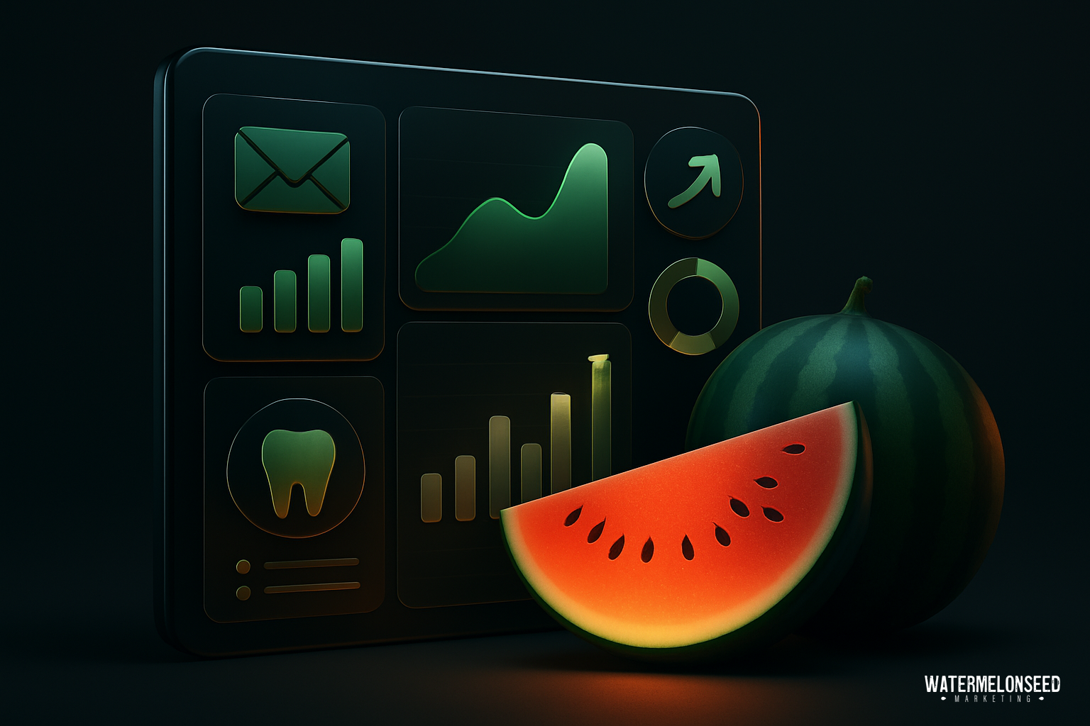 A watermelon and a watermelon slice are in front of a dark digital dashboard displaying various business and data icons, illustrating the concept of closed loop marketing.