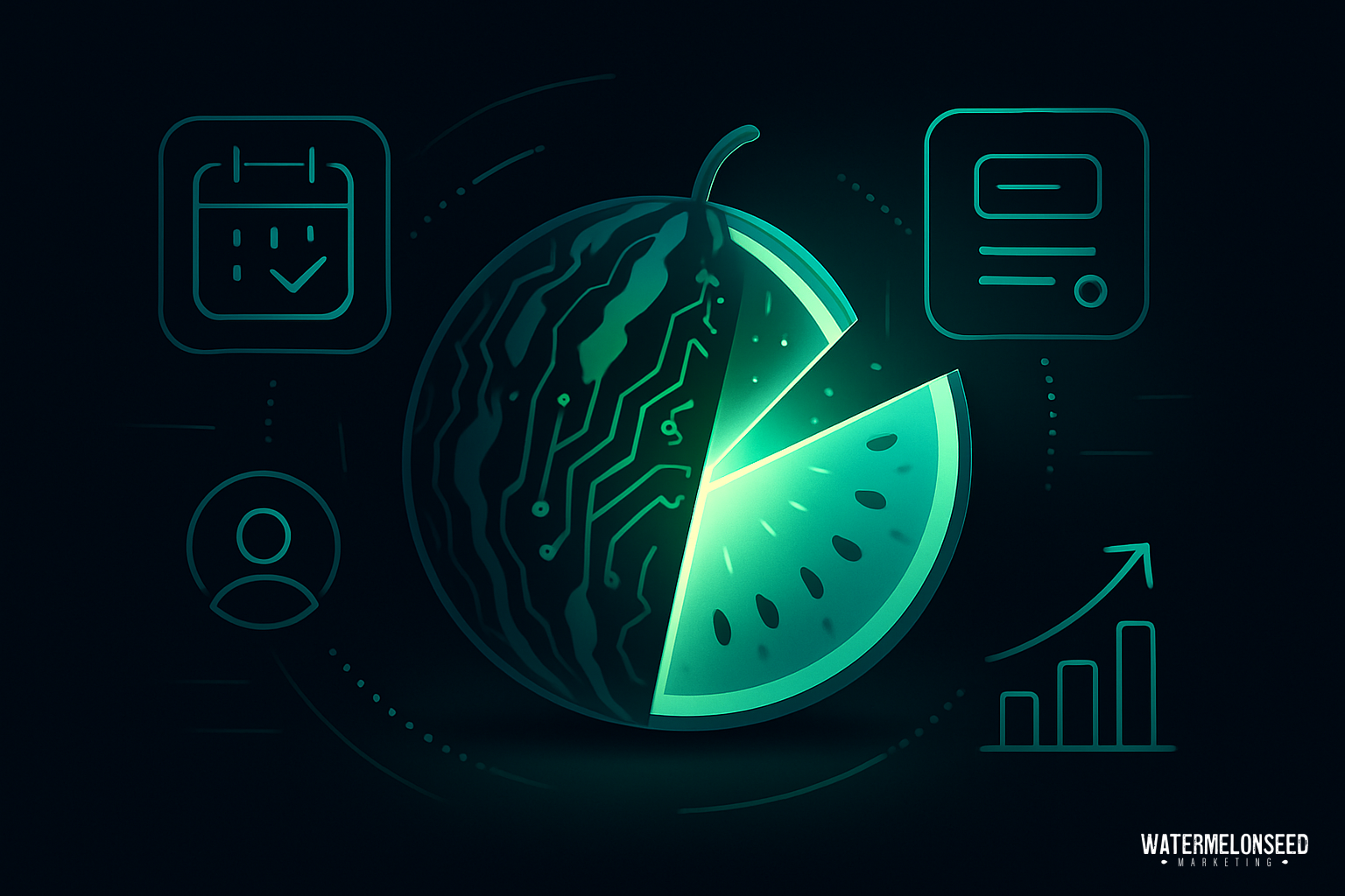 A stylized digital watermelon with circuit patterns, surrounded by icons of a calendar, chat, user, and a rising bar graph, symbolizing data and technology enhanced by an integrated conversion tracking system.