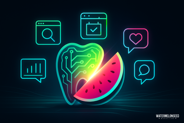 A digital illustration of a watermelon slice and a circuit board, with glowing icons for search, calendar, analytics, heart, and chat surrounding it—symbolizing the innovative fusion of technology and patient journey tracking.