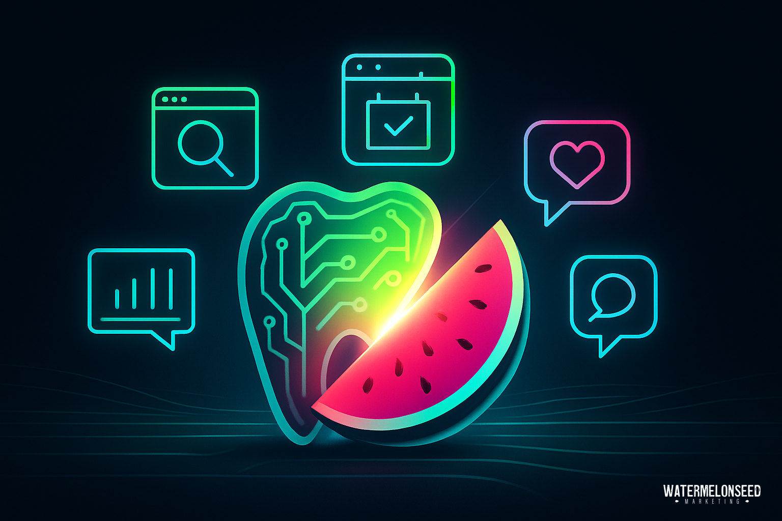 A digital illustration of a watermelon slice and a circuit board, with glowing icons for search, calendar, analytics, heart, and chat surrounding it—symbolizing the innovative fusion of technology and patient journey tracking.