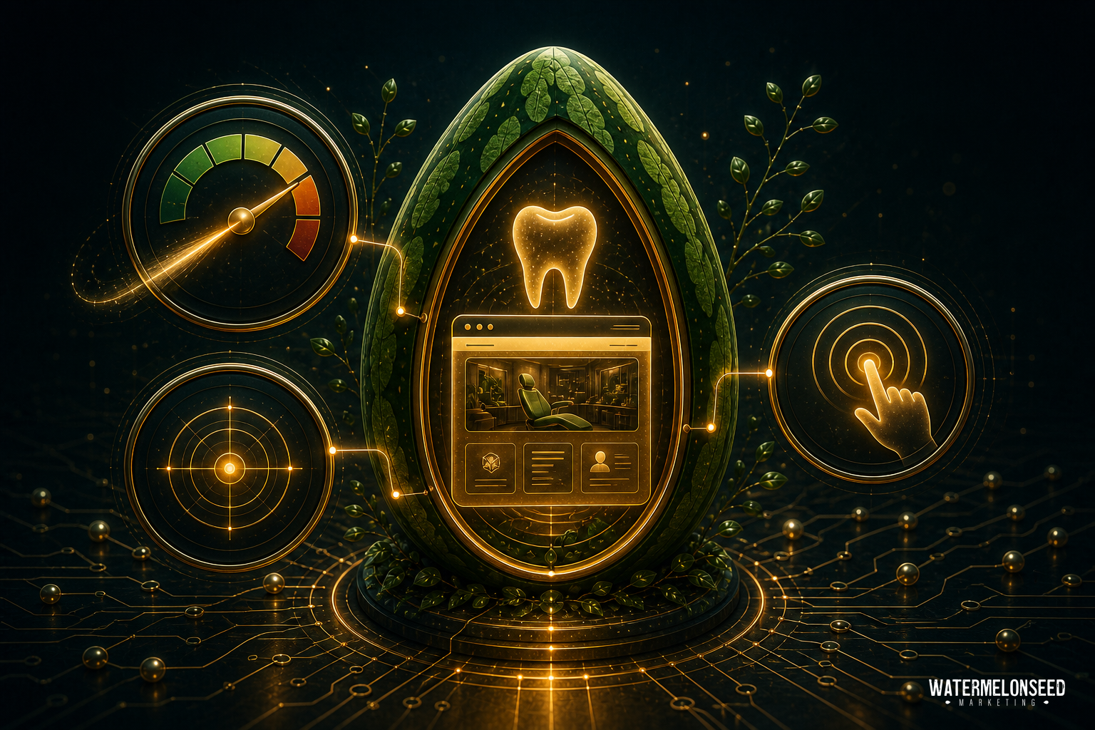 A digital illustration of a green egg with dental symbols, touchscreen icons, and performance gauges—alongside subtle references to Core Web Vitals—representing technology and modern standards in dentistry.
