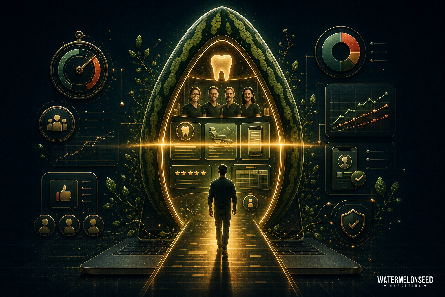 A person walks toward a large, glowing watermelon seed displaying dental icons, graphs, and people, surrounded by digital charts and symbols, capturing the impact of a dental website first impression.