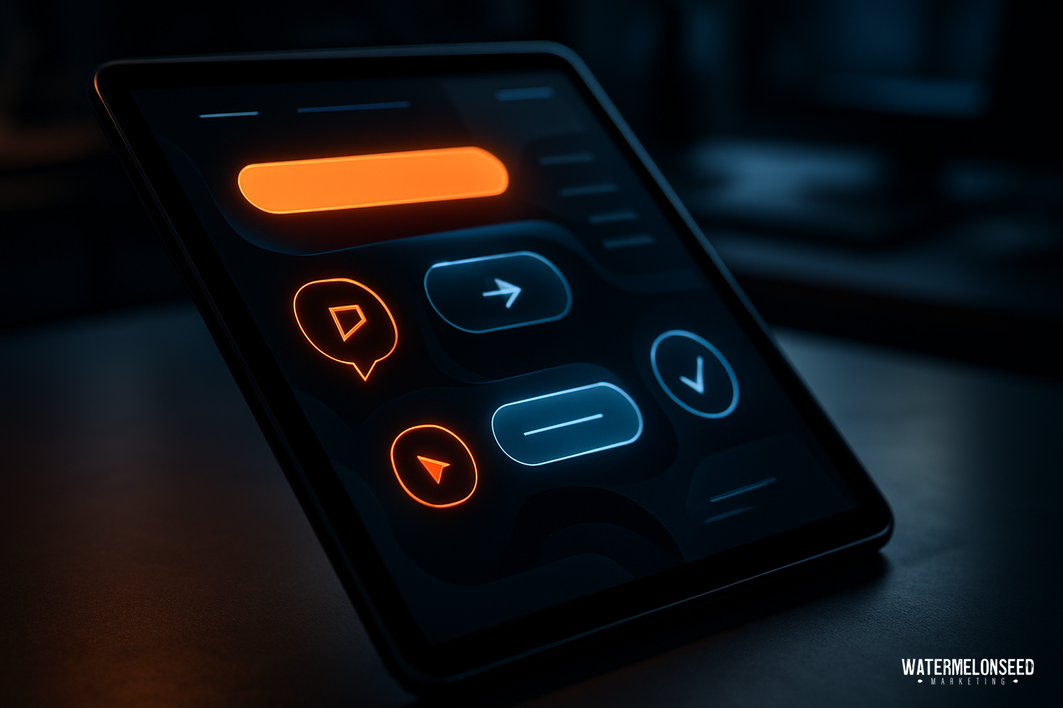 A tablet displaying a dark-themed user interface with glowing orange and blue icons, including arrows and a speech bubble, sits on a desk—highlighting the impact of web design on conversion rates through its sleek, engaging visuals.