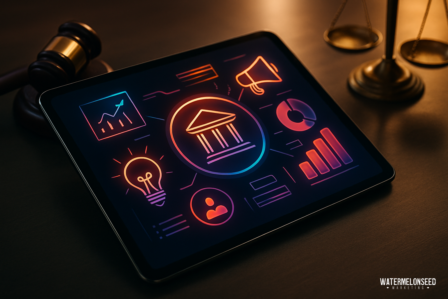 A tablet displays colorful legal and business icons on a desk, with a gavel and scales of justice in the background—an ideal setting to illustrate content marketing for law firms.