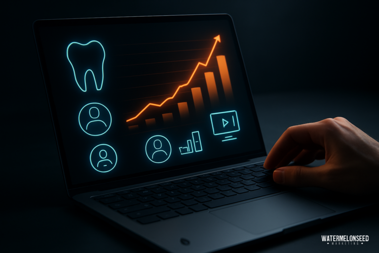 A hand uses a laptop displaying dental icons, user profiles, a play button, and a rising bar graph, suggesting dental business or marketing growth analysis focused on new patient growth.
