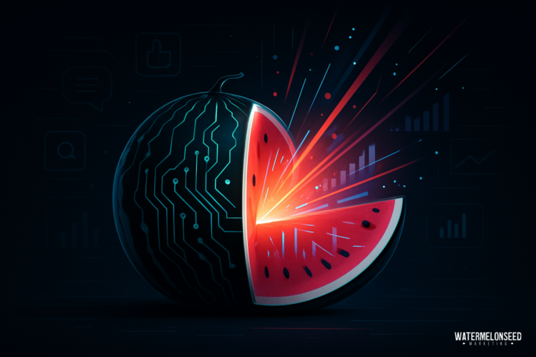 A stylized watermelon with a circuit board pattern and a glowing slice, symbolizing technology, data integration, and the contrast between first click vs last click attribution.