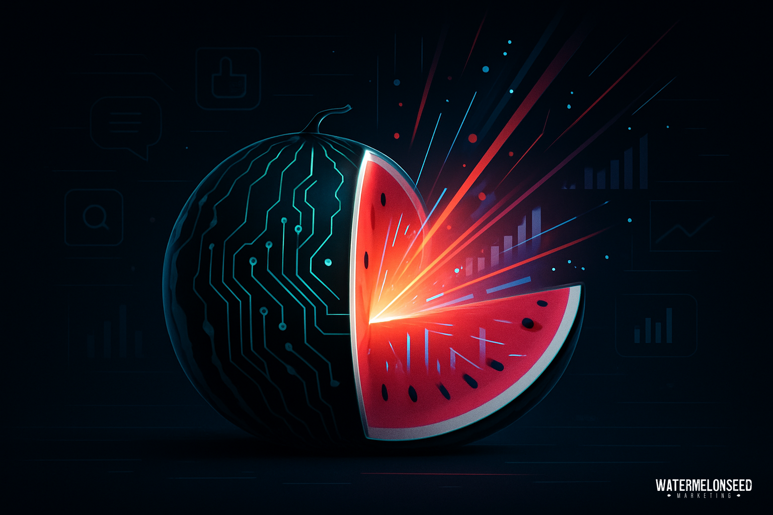 A stylized watermelon with a circuit board pattern and a glowing slice, symbolizing technology, data integration, and the contrast between first click vs last click attribution.
