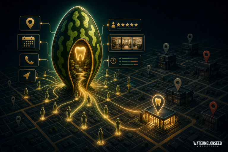 Futuristic dental clinic shaped like a tooth connects to city locations and digital icons—such as appointments, reviews, and communication—set on a glowing city grid at night, highlighting the vital role of a Google Business Profile for dentists in connecting patients with modern care.