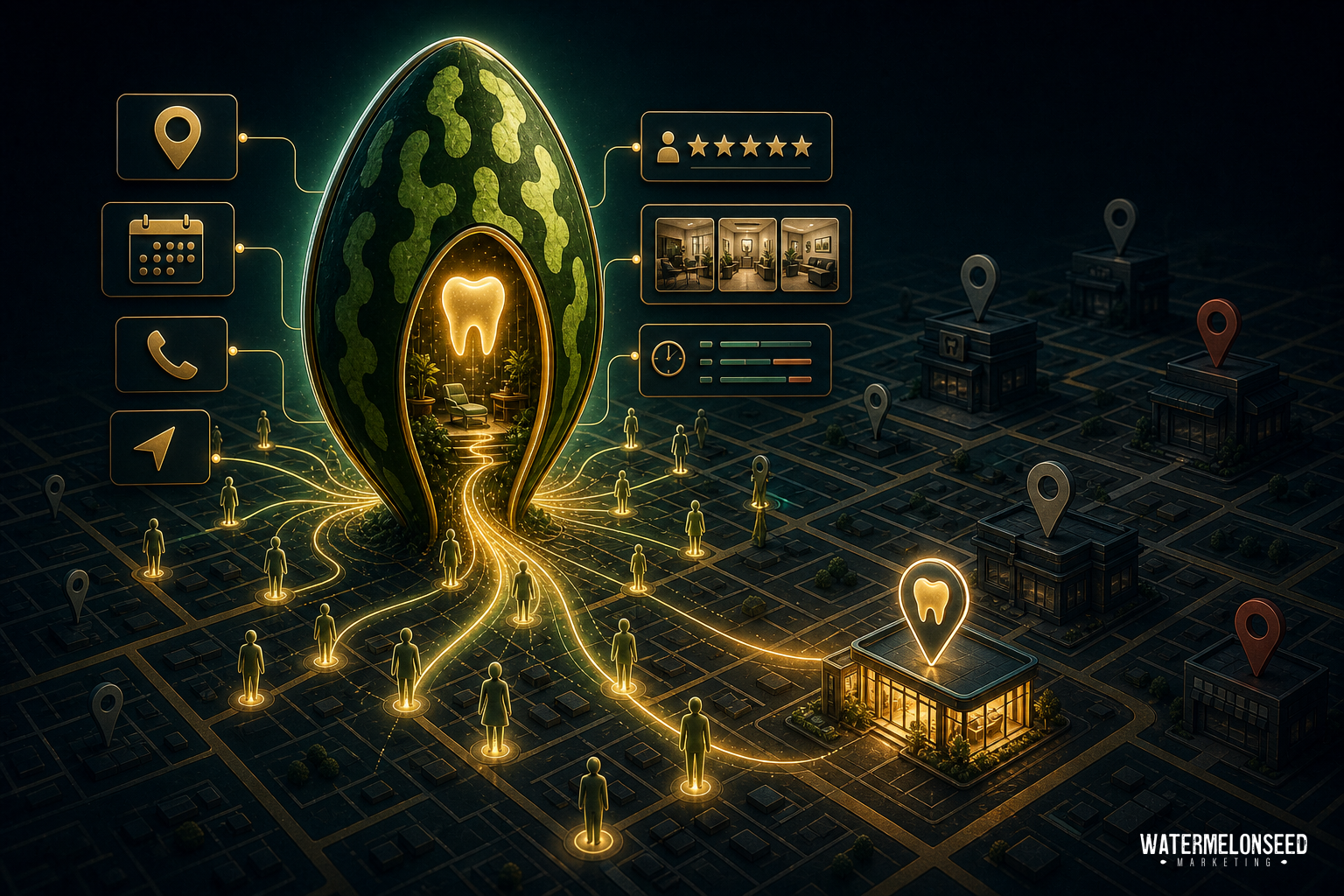 Futuristic dental clinic shaped like a tooth connects to city locations and digital icons—such as appointments, reviews, and communication—set on a glowing city grid at night, highlighting the vital role of a Google Business Profile for dentists in connecting patients with modern care.