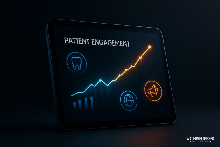 A tablet screen displays a rising line graph labeled “Patient Engagement,” with icons for dental care, a globe, a bar chart, and a megaphone—illustrating strategies to grow new patient numbers.