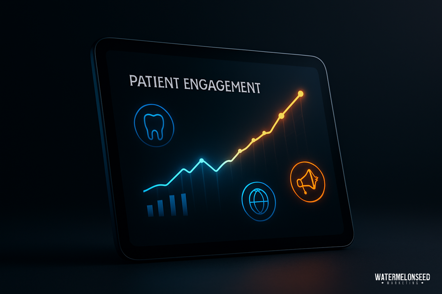 A tablet screen displays a rising line graph labeled “Patient Engagement,” with icons for dental care, a globe, a bar chart, and a megaphone—illustrating strategies to grow new patient numbers.