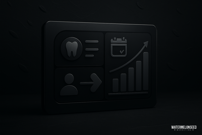 A black plaque features dental, calendar, user, and growth chart icons, suggesting dental appointment scheduling and patient progress tracking with seamless Dentrix marketing integration.