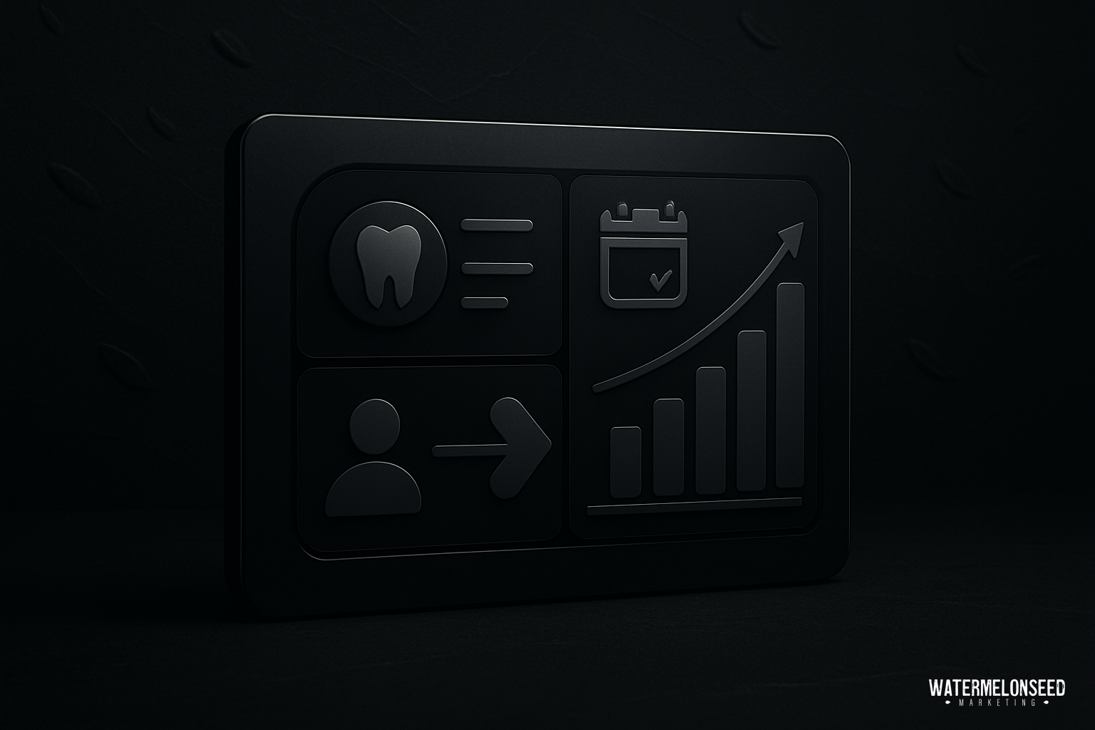 A black plaque features dental, calendar, user, and growth chart icons, suggesting dental appointment scheduling and patient progress tracking with seamless Dentrix marketing integration.