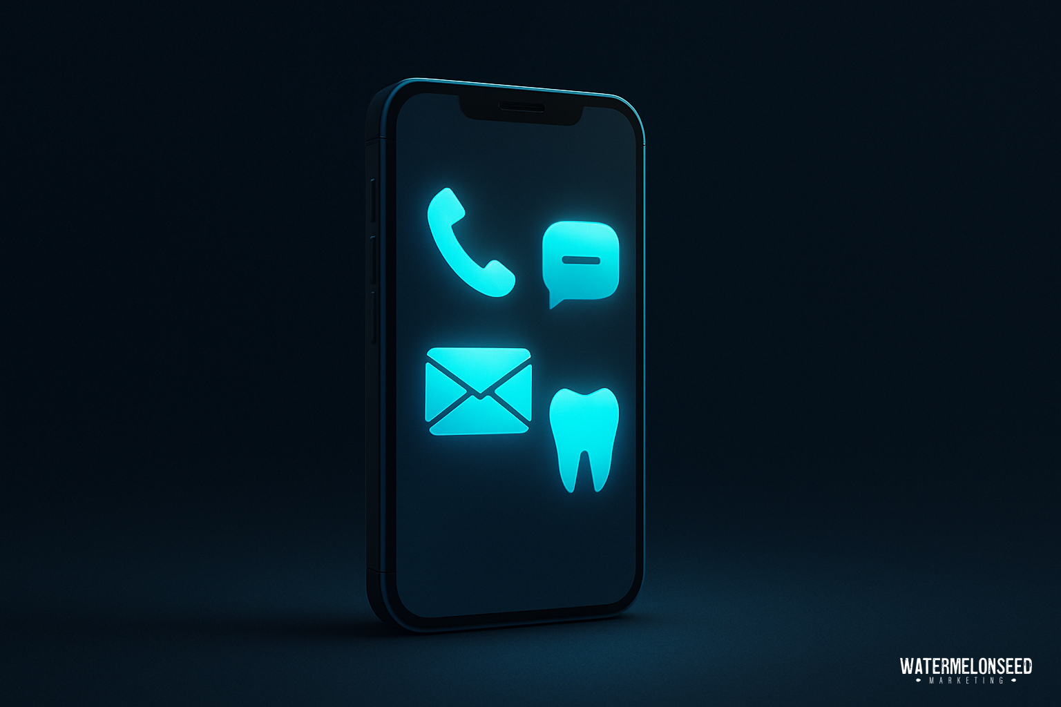 A smartphone screen displays glowing icons of a phone, message bubble, envelope, and tooth on a dark background, representing various patient communication methods.