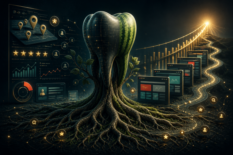 A large tooth with roots and digital charts surrounds it, set on a road lined with data screens leading to a bright horizon, symbolizing digital growth and analysis—highlighting the evolving intersection of organic vs paid marketing in the dental industry.