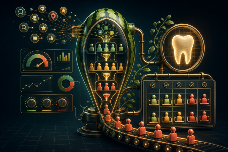 Colorful 3D illustration of a machine analyzing user data—including website traffic vs new patients—with charts, icons, and a large tooth symbol, conveying data processing in a dental or healthcare context.