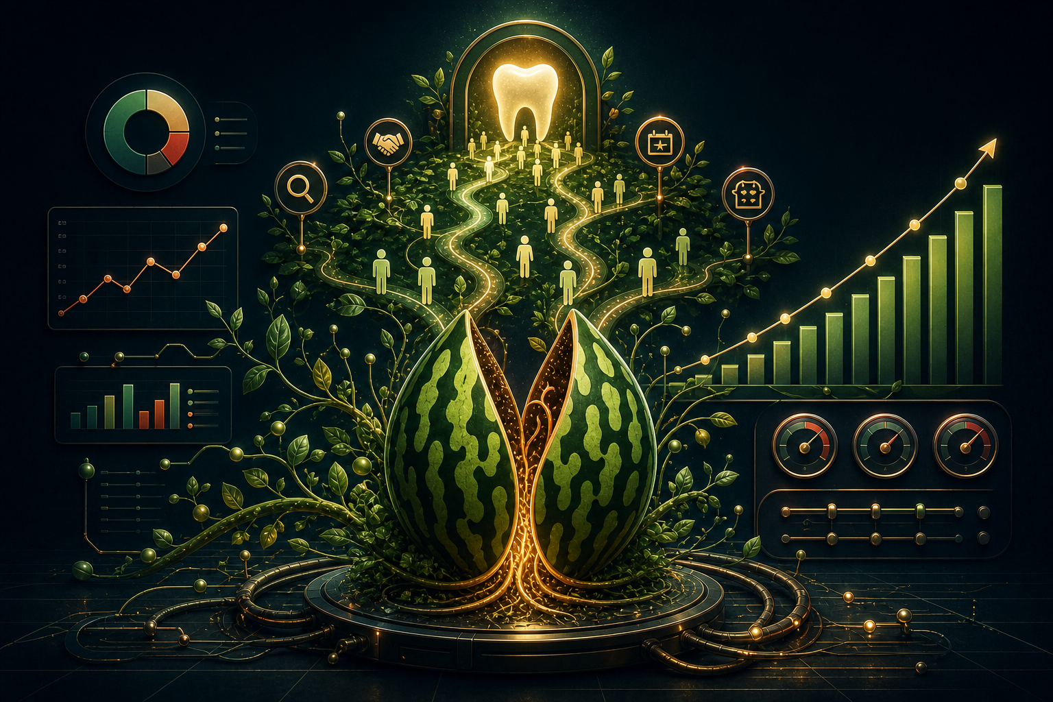 A digital illustration of a plant sprouting from a watermelon, surrounded by charts, graphs, and icons symbolizing growth, progress, and business metrics—highlighting the contrast between website traffic vs new patients.