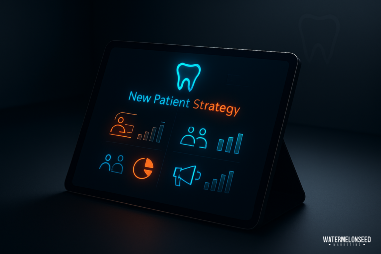 A tablet displaying a “New Patient Strategy” screen with dental icons, charts, and graphs in blue and orange on a dark background highlights innovative approaches to new patient strategy in dentistry.