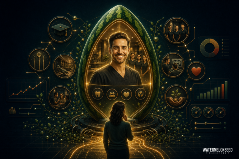 A woman faces a large screen displaying a smiling man, accompanied by icons of health, teeth, and statistics—elements that might be featured in a compelling dentist bio—with charts and a medical team working in the background. “WATERMELONSEED MARKETING” is visible.