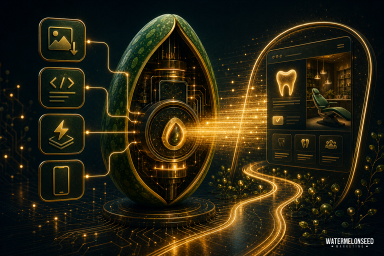 A digital rendering of a watermelon seed connected to futuristic dental technology icons and a digital dental clinic interface, symbolizing innovation in dental health and designed to improve website performance.