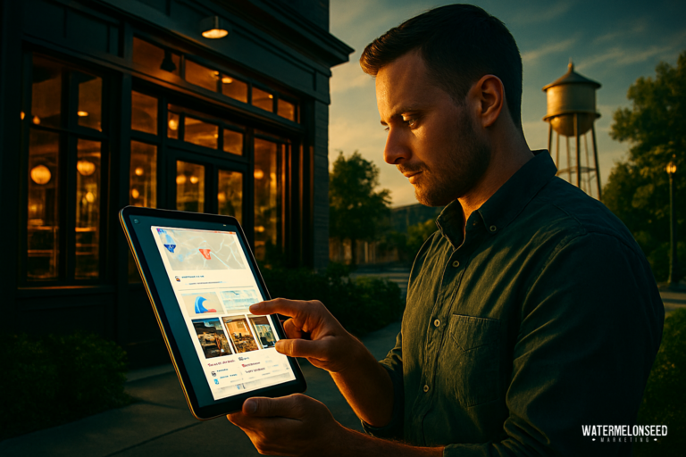 A man stands outside using a tablet, interacting with a website that highlights the best SEO practices for small businesses. A brick building and a water tower are visible in the background at sunset.