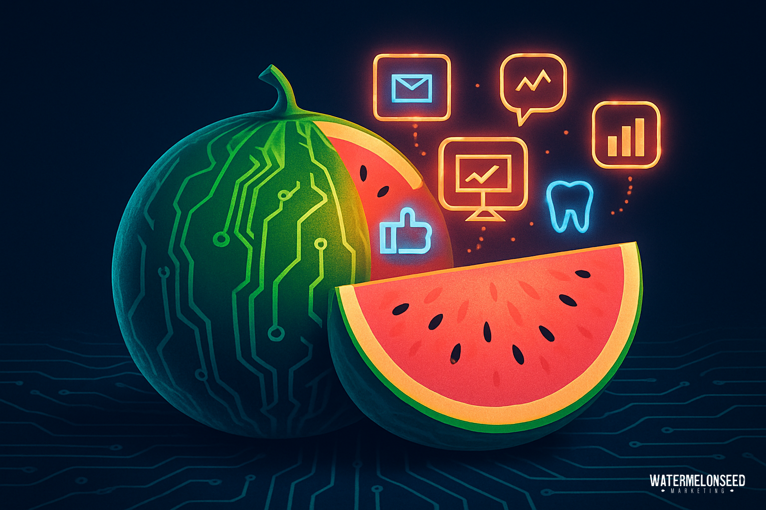 A watermelon with circuit patterns sits on a dark surface; digital icons, like email and charts, float above a slice, blending technology and fruit in a visual nod to marketing attribution explained. “Watermelonseed” is in the bottom right corner.