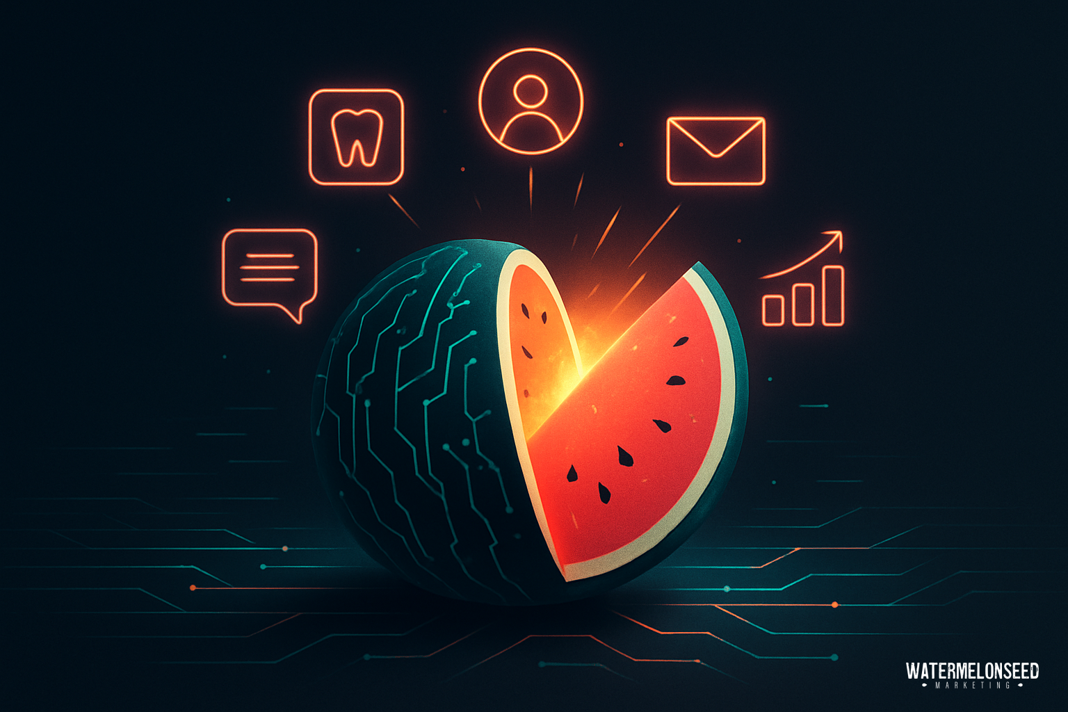 A digital watermelon graphic with icons for chat, dental care, profile, email, and analytics, symbolizing technology and communication—as well as innovative marketing attribution for dentists.