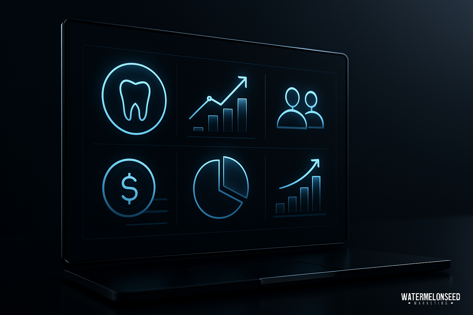 A laptop screen displays six glowing blue icons—representing a tooth, upward graph, people, dollar sign, pie chart, and bar chart—suggesting data or analytics themes focused on marketing KPIs.